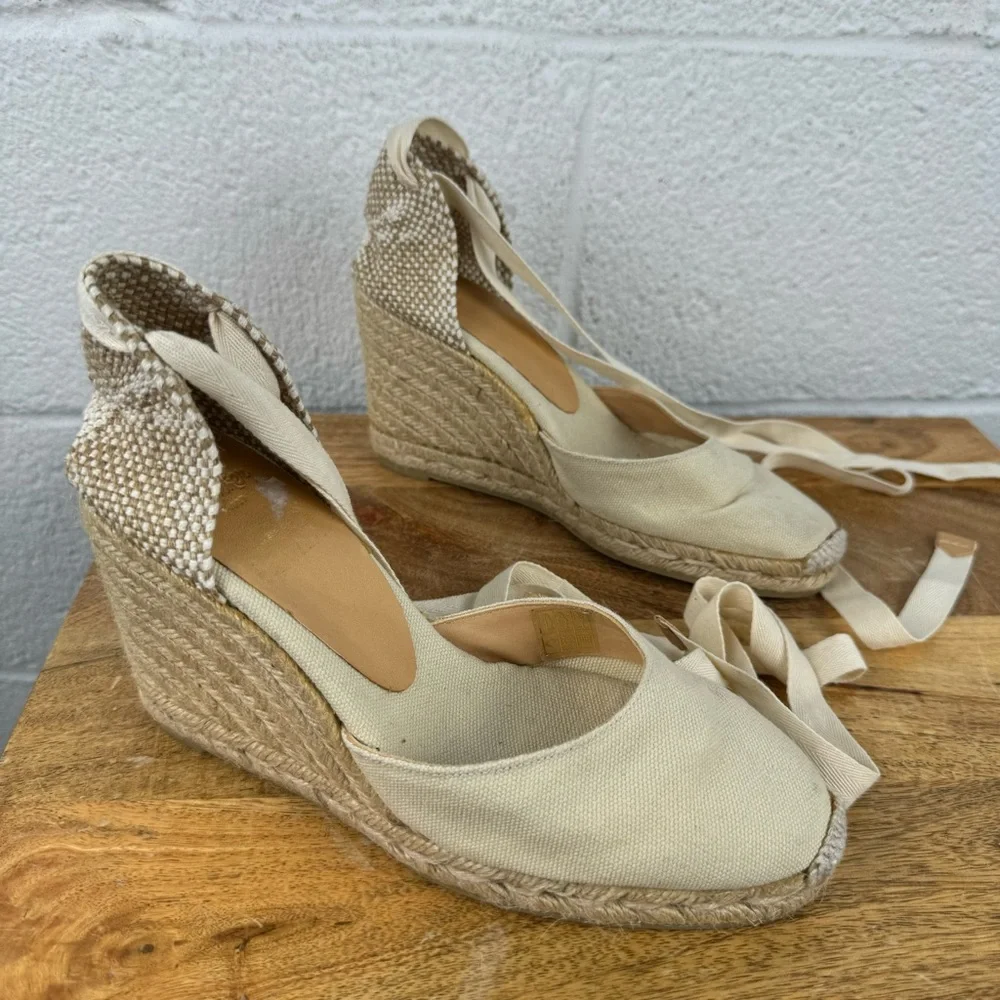 Castañer Canvas Lace-Up Espadrille Wedge Shoes EU 37 Ivory Made in Spain